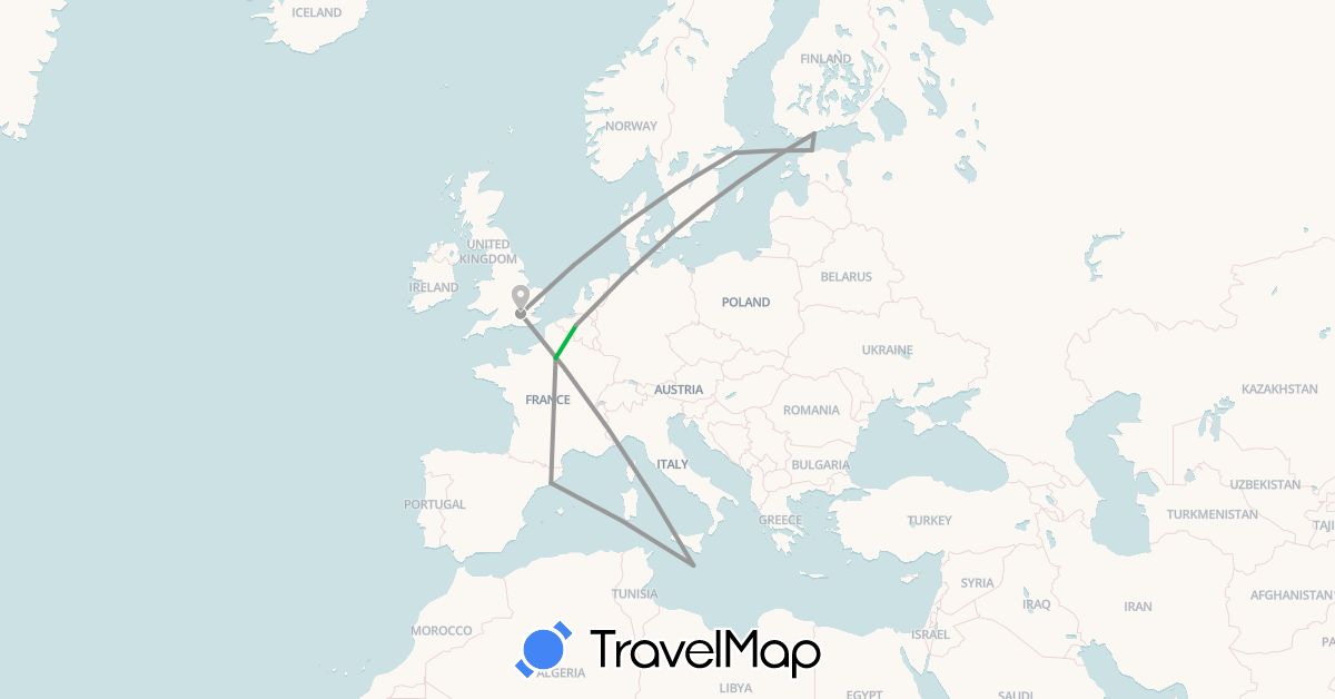 TravelMap itinerary: bus, plane in Belgium, Denmark, Estonia, Spain, Finland, France, United Kingdom, Malta, Sweden (Europe)